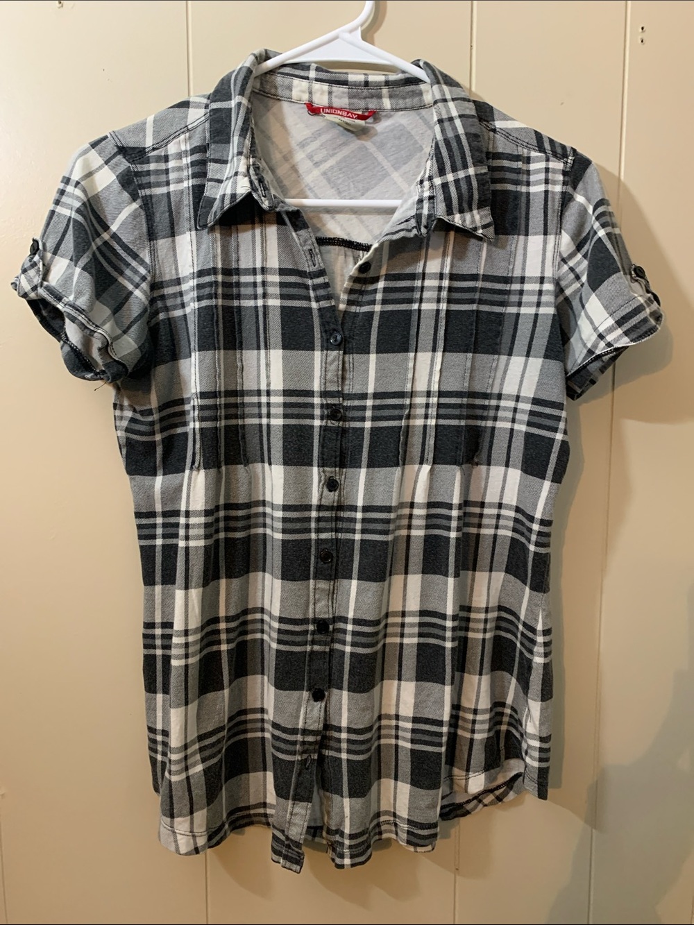UNIONBAY Black and White Plaid Button-Front Short Sleeve Top